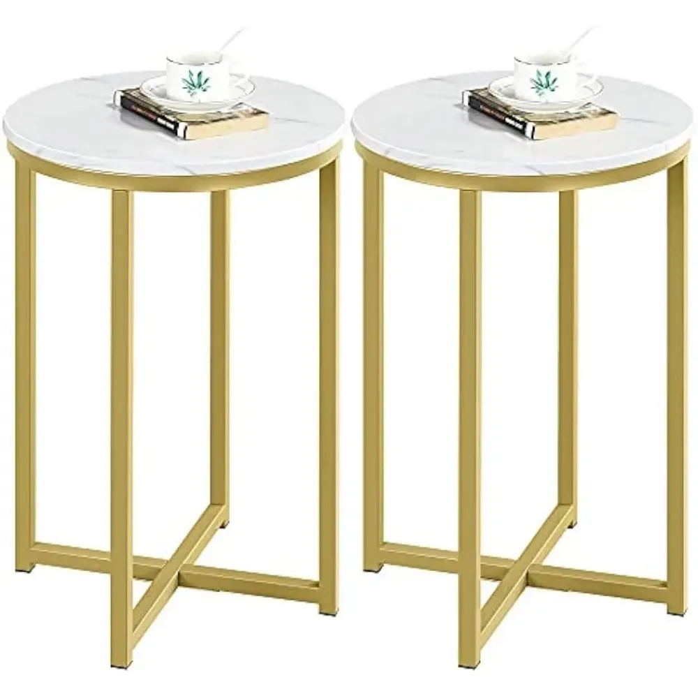 

Faux Marble Side Table Set of 2, Round Table Accent Sofa Side Table w/Sturdy X-Based,Sturdy Metal Legs for Living Room/Office