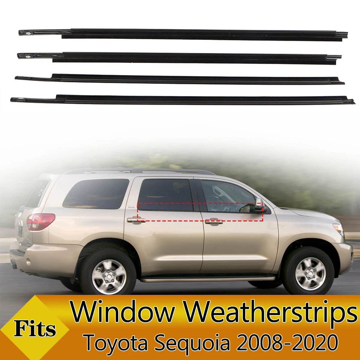 4PCS Car Outer Windows Rubber Weatherstrip Waterproof Pressure Strip Sealing Belt Moulding Trim For Toyota Sequoia 2008 -
