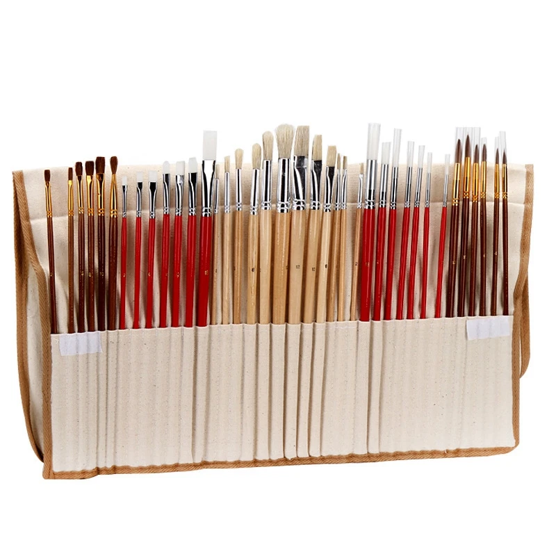 

38 Pcs Paint Brushes Set with Canvas Bag Case Long Wooden Handle Synthetic Hair Art Supplies for Watercolor Painting