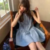 Summer New Women's Cotton Lin Dr Dstring Waist Loose round Ne Doll Vest Skirt Korean Sle Commute Sle ort Skirt
