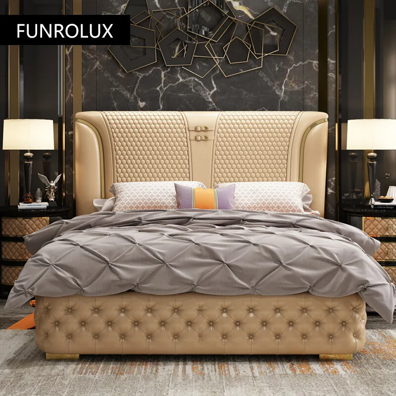 Modern leather bed leather bed luxury simple first layer cowhide double master bedroom marriage bed1.8Rice