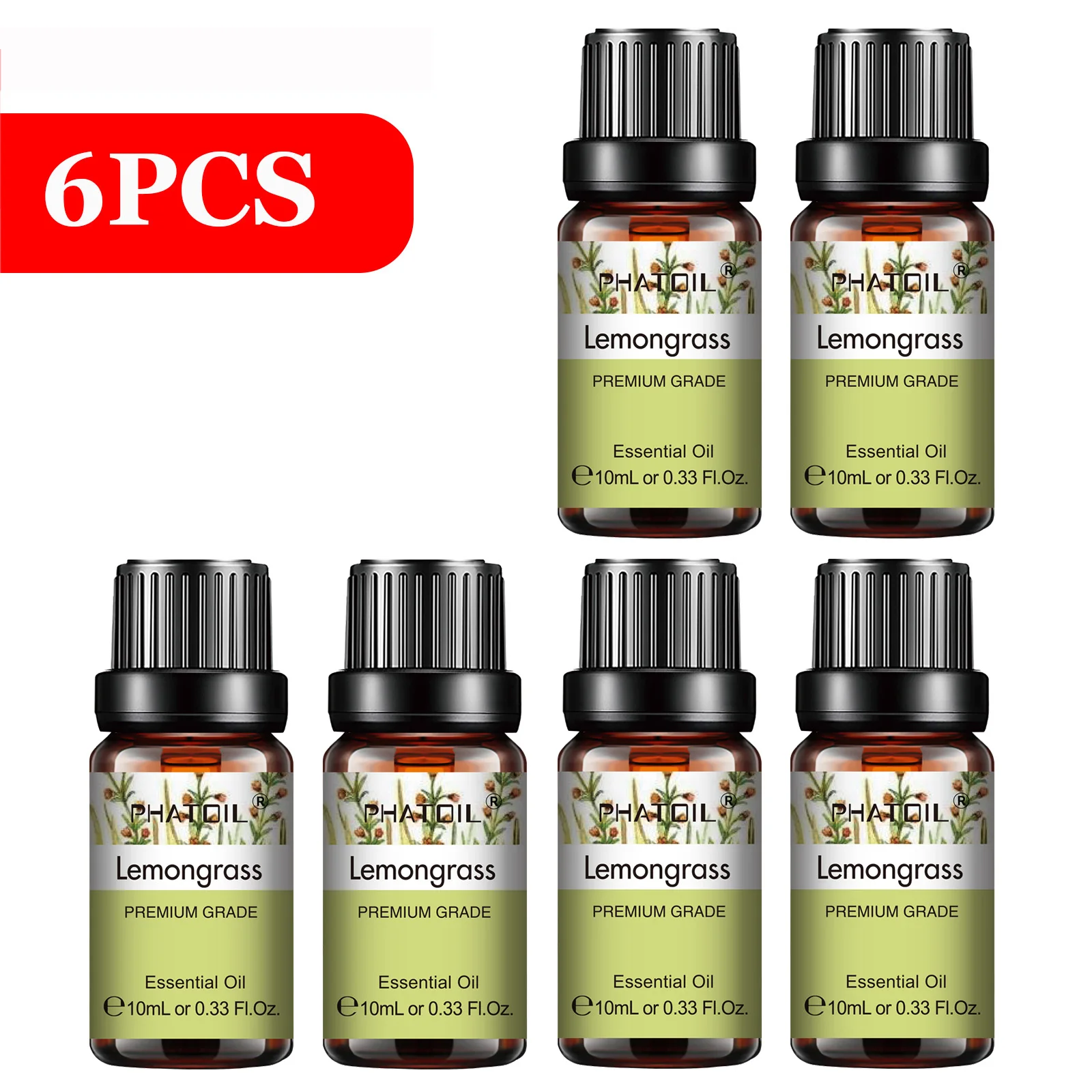 PHATOIL 6-Piece Pure Essential Oil Collection: Lavender, Eucalyptus, Peppermint, Tea Tree, Orange, Lemongrass for Aromatherapy and Crafting