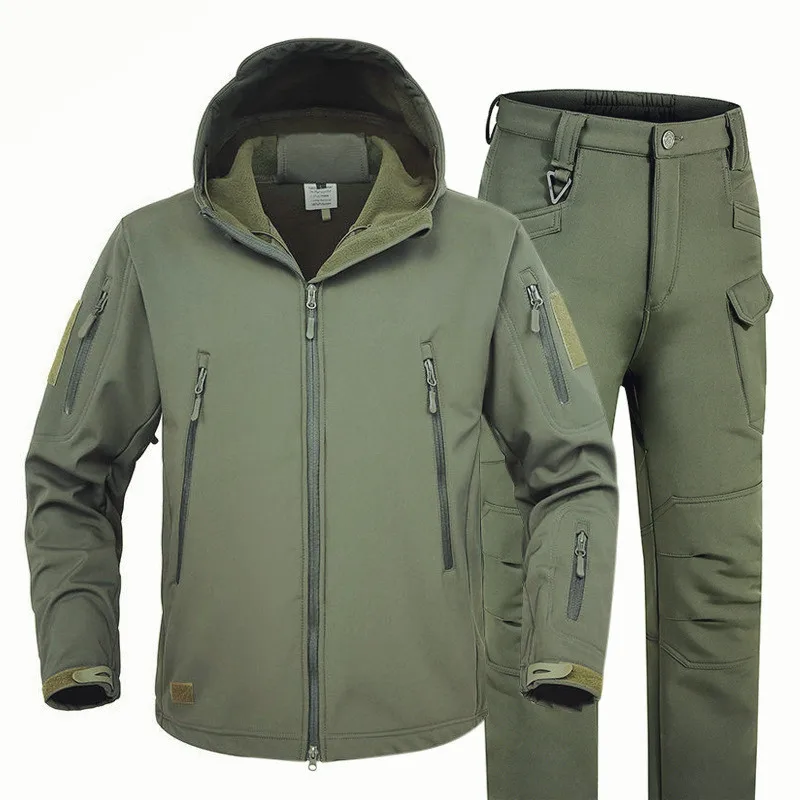 

5XL New Shark Skin Soft Shell Autumn and Winter Plush Thickened Mountaineering Tactics Training Breathable Windproof Charge Suit