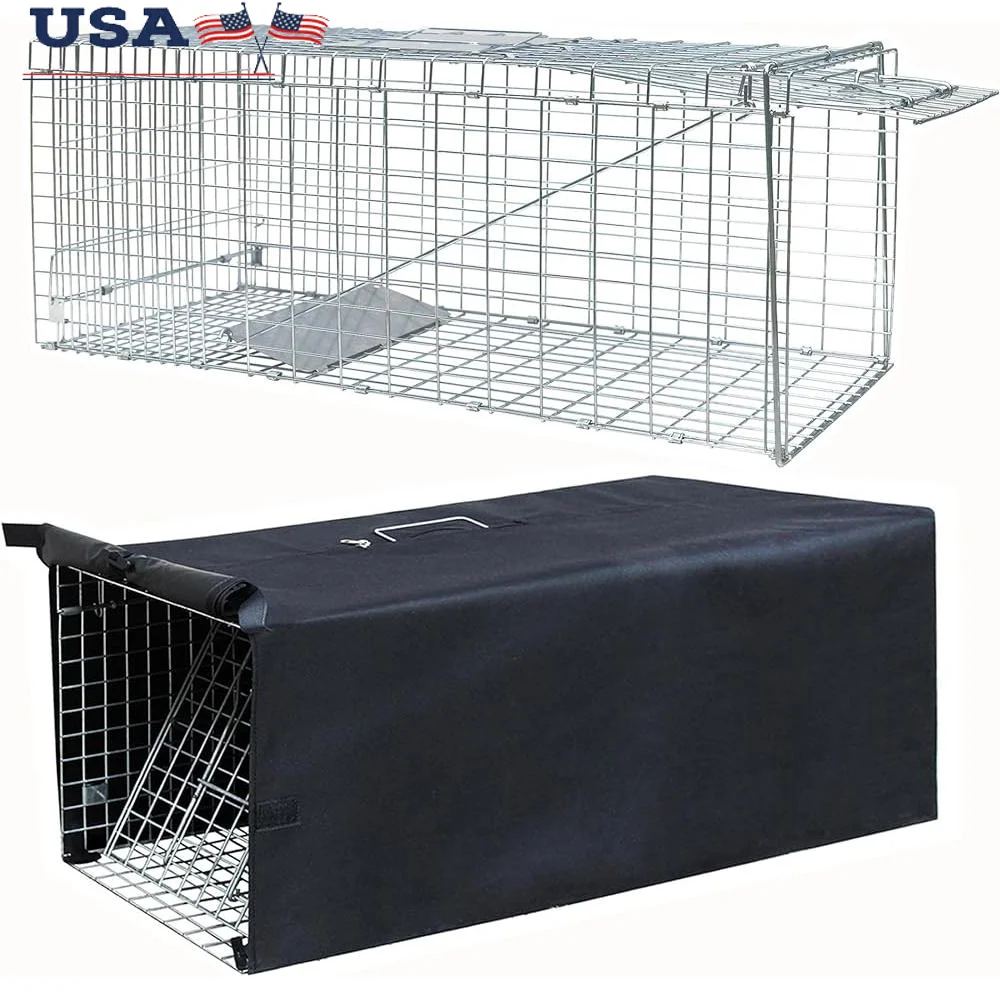 Heavy Duty Live Cat Trap Cage with Cover Humane Animal Trap Stray Cats Raccoons Squirrels Skunks Outdoor UseFoldable Design