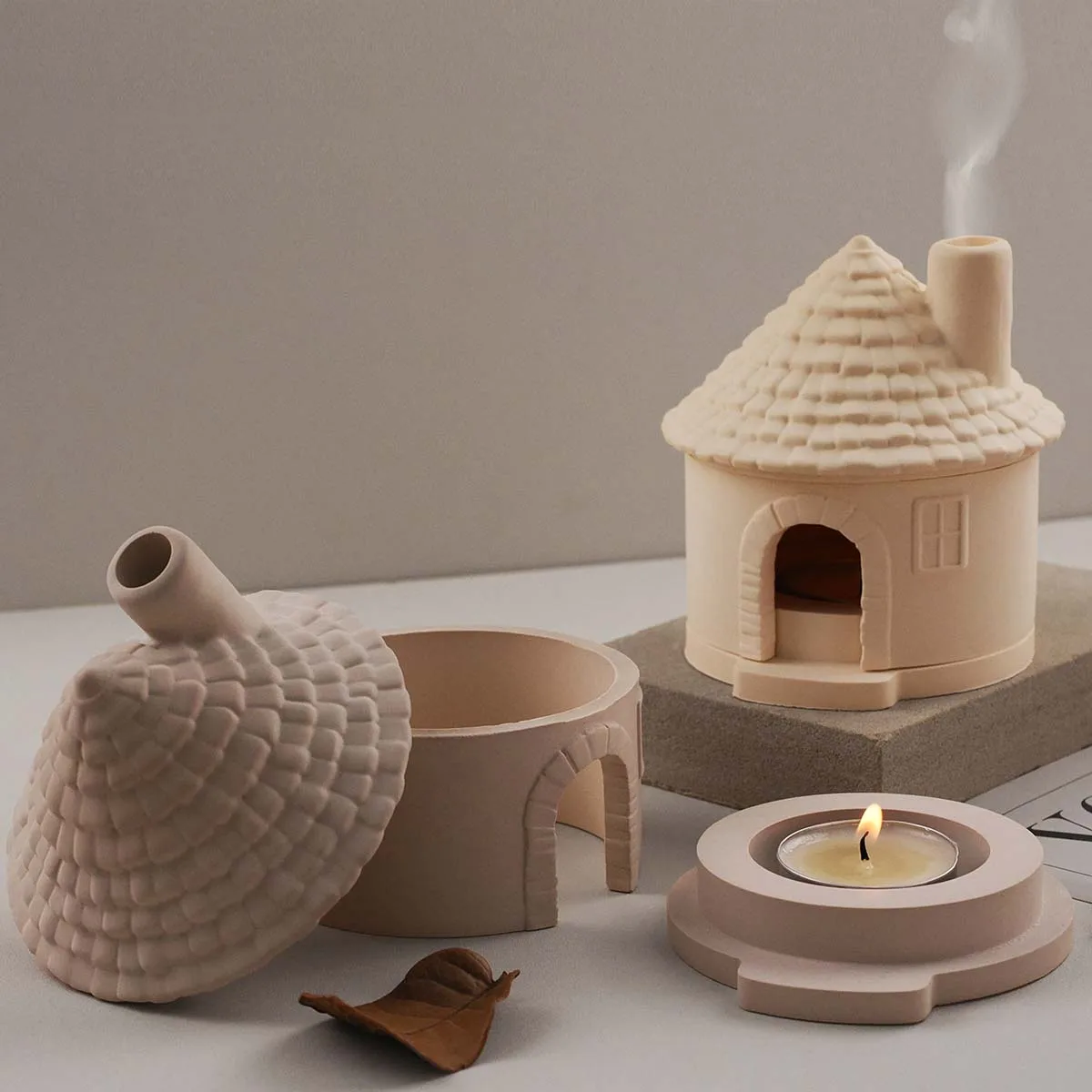 3D 하우스 아로마 스토브 몰드 DIY 굴뚝집 촛대 실리콘 몰드 석고 콘크리트 레진 향로 공예 제작 키트
