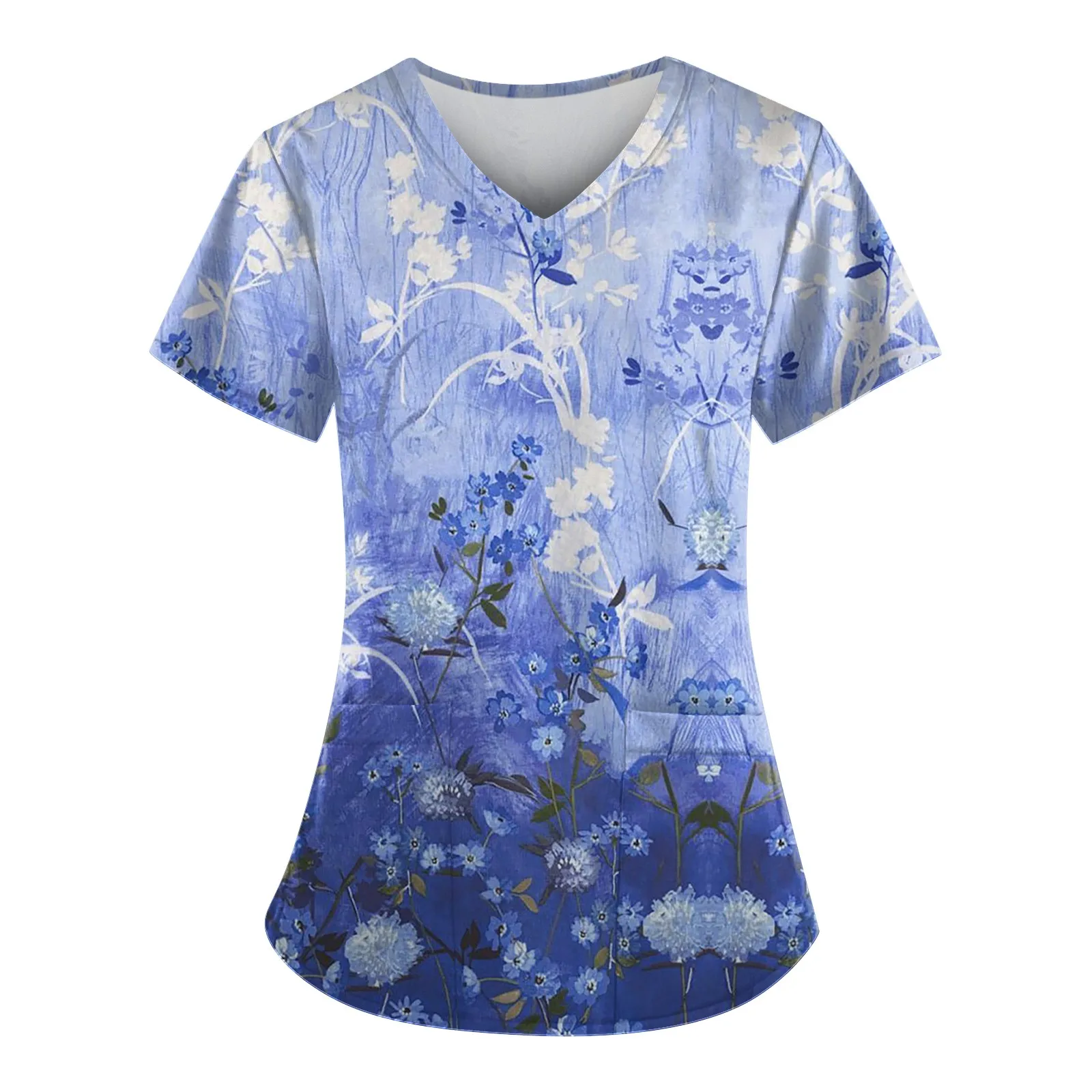 

Laides Fashion Floral Printed Short Sleeve V Neck Nurse Uniforms Tops With Pocket Scrubs Costume Top Workwear Working T-shirts