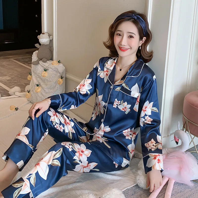 Women's Pajamas Sets Faux Silk Satin Pyjamas Female Pijamas Lapel Long Sleeve Shirt Pants Suit Sleepwear Homewear Loungewear