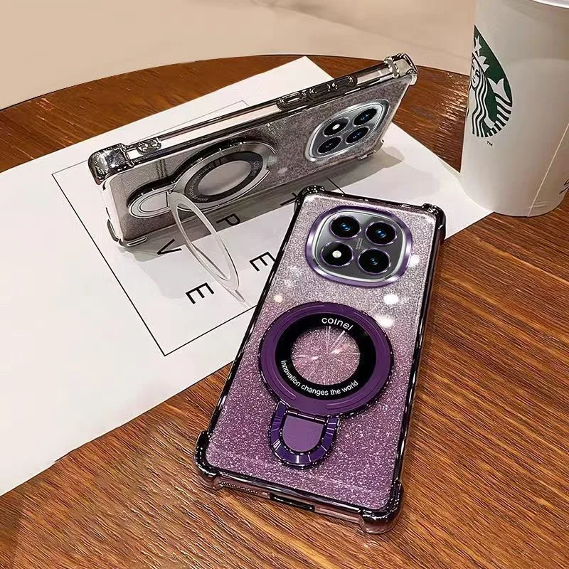 Shockproof Glitter Phone Case with Magnetic Bracket Holder and Bracelet - Soft Cover