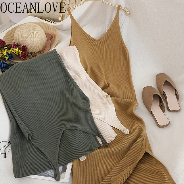 OCEANLOVE V Neck Solid Knitted Dresses Casual All Match Simple Fashion Korean Women Dress Elegant Vestidos New Clothes 15517 1