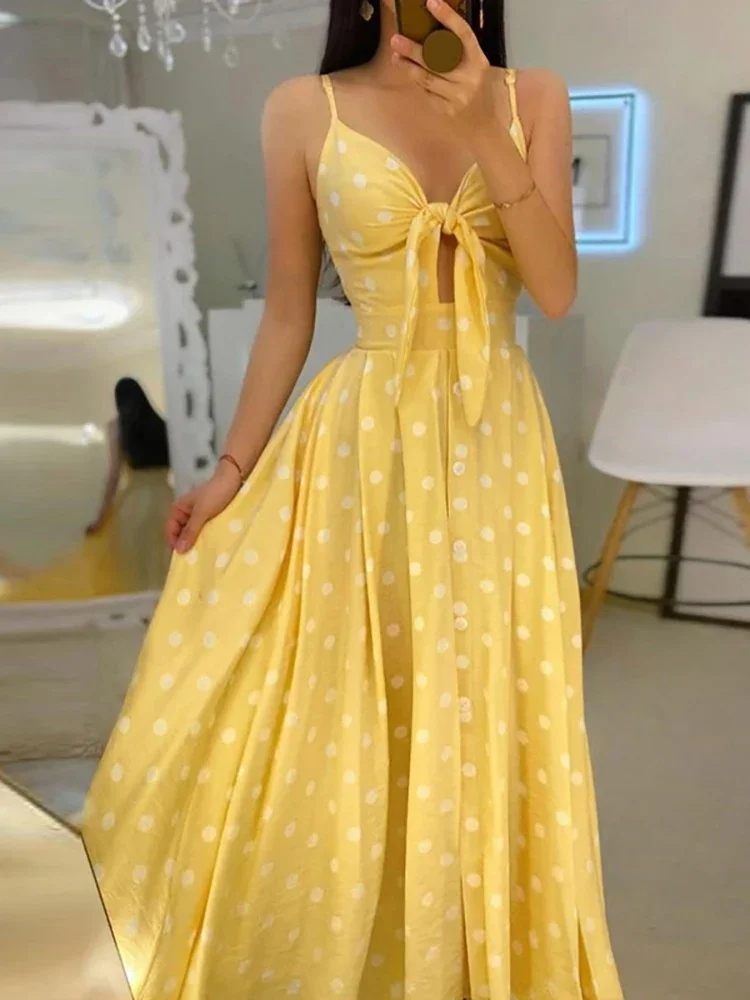 

Sexy Summer Women V-Neck Sling Backless Dress Elegant Hollow Out BowKnot Long Party Dress Fashion Femme Dot Maxi Dress Vestido