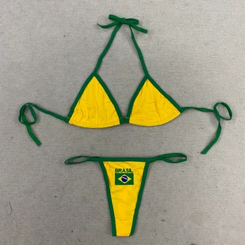 Women's Brasil Flag Print Bikini Set, Halter Triangle Top + Tanga Bottom, Brazilian Flag Two-Piece Swimwear, Y2K Beachwear 1
