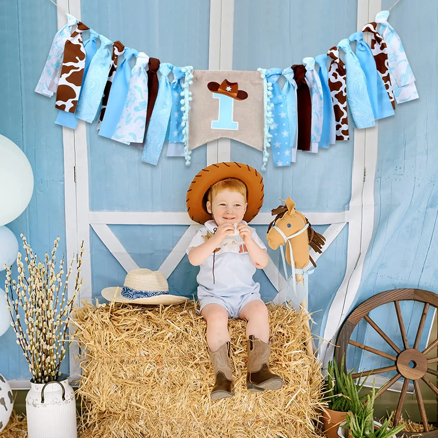 G2PLUS Bandierine Compleanno 1 anno Bandierine letto Montessori Striscione One Per Seggiolone Cowboy Rodeo per la decorazione di compleanno di ragazzi