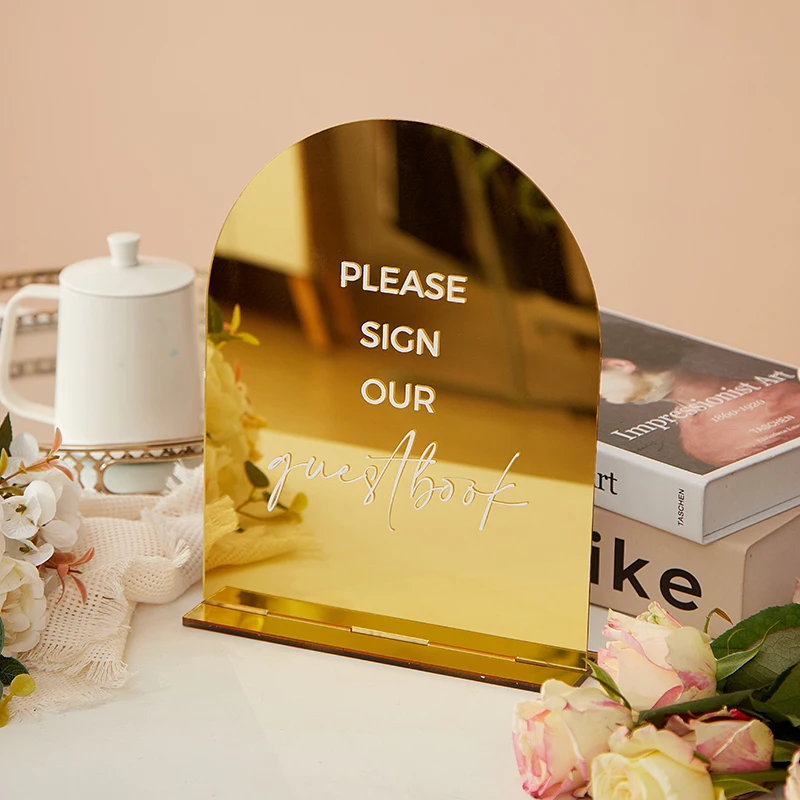 Gold Mirror Acrylic Signage,Set of 3 Wedding Signs,Loving Memory Sign,Guest Book Sign,Cards & Gifts Sign,Gold Mirror Table Signs