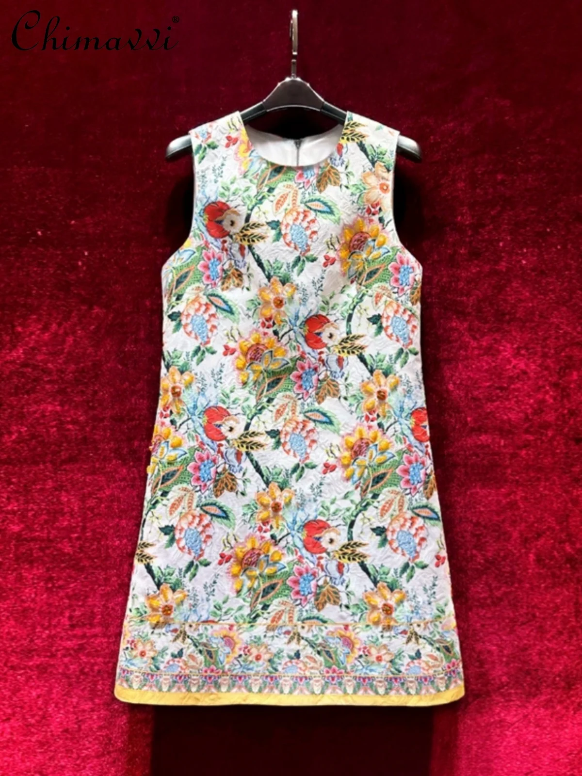 

French Retro Printed Heavy Beads Sleeveless A- Line Dress European Round Neck Slim Fit Short Elegant Dresses 2024 Summer New