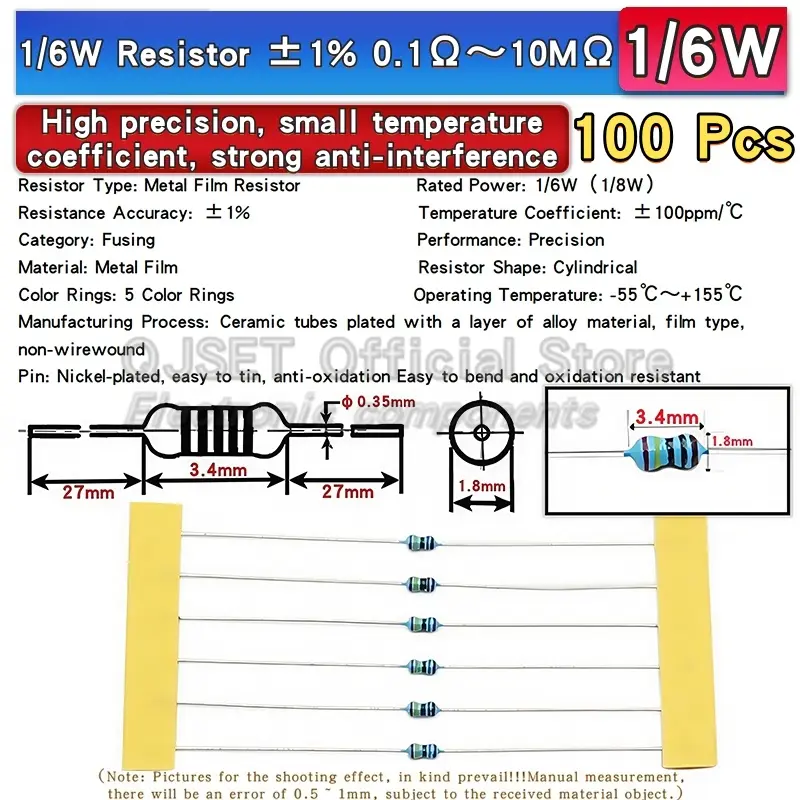 100pcs 1/6W Metal Film Resistors 1/8W 1% 0.125W 10 100 200 220 330 470 Ohm 4.7K 1K 2.2K 10K 47K 200k 220k 510k 100k 470K 1M Ohms - Image 2