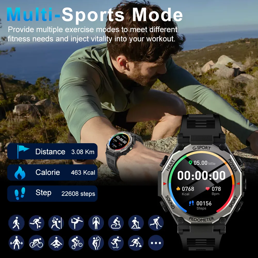 LAXASFIT New Men's Outdoor Sports Smart Watch HD Bluetooth Talk LED Flashlight Heart Rate Monitor Smart Watch