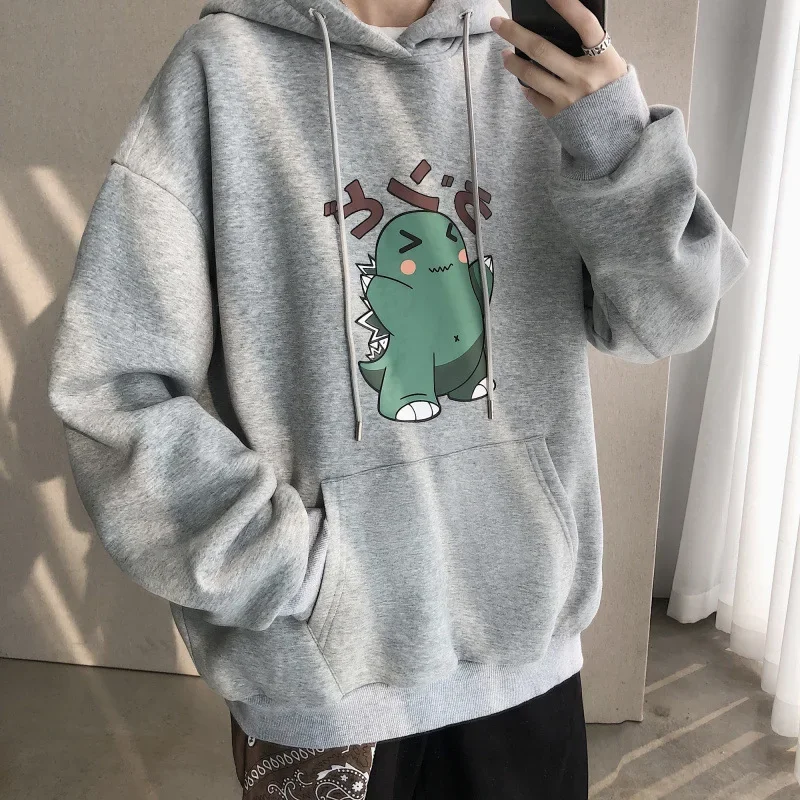 

Harajuku Men Dinosaur Print Hoodie Sweatshirts Spring Autumn Man Anime Loose Plus Size Casual Hooden Pullovers 2021 Streetwears