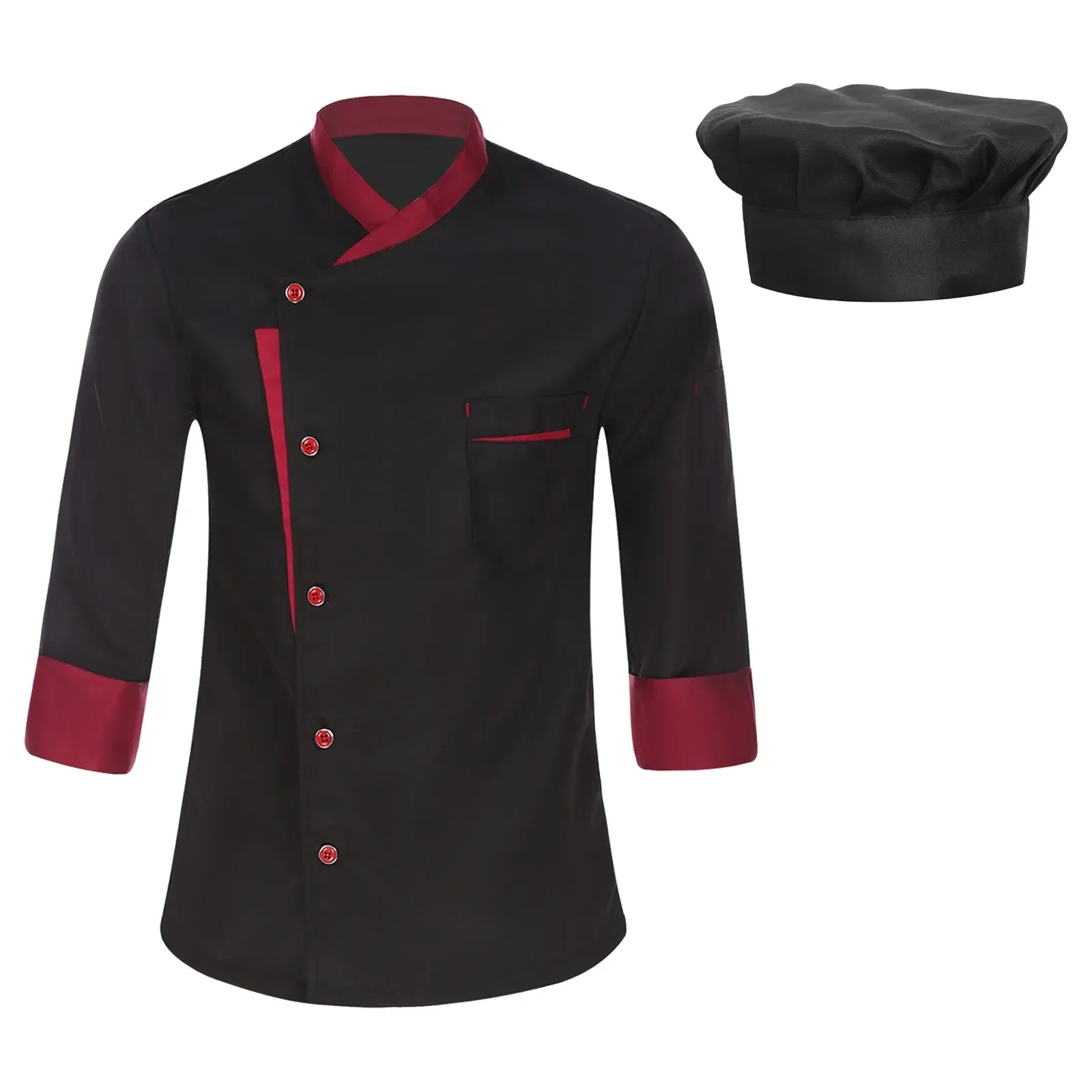 

Long Work Chef Kitchen Food With Contrast Cooking Color Uniform Sleeve Coat Shirt Cosplay Men Hotel Restaurant Jacket Unisex Hat