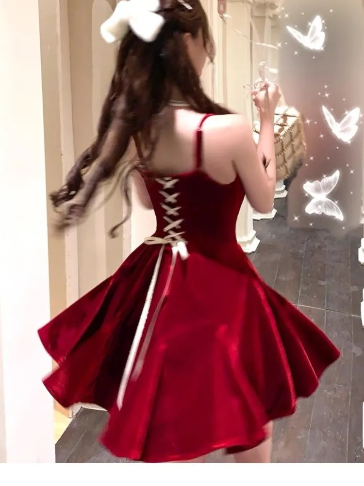 

Elegant Velvet Mini Dress Women Princess A-line Birthday Party Vestidos Patchwork Slim Y2K Lace Up Autumn Spring Vintage Dresses
