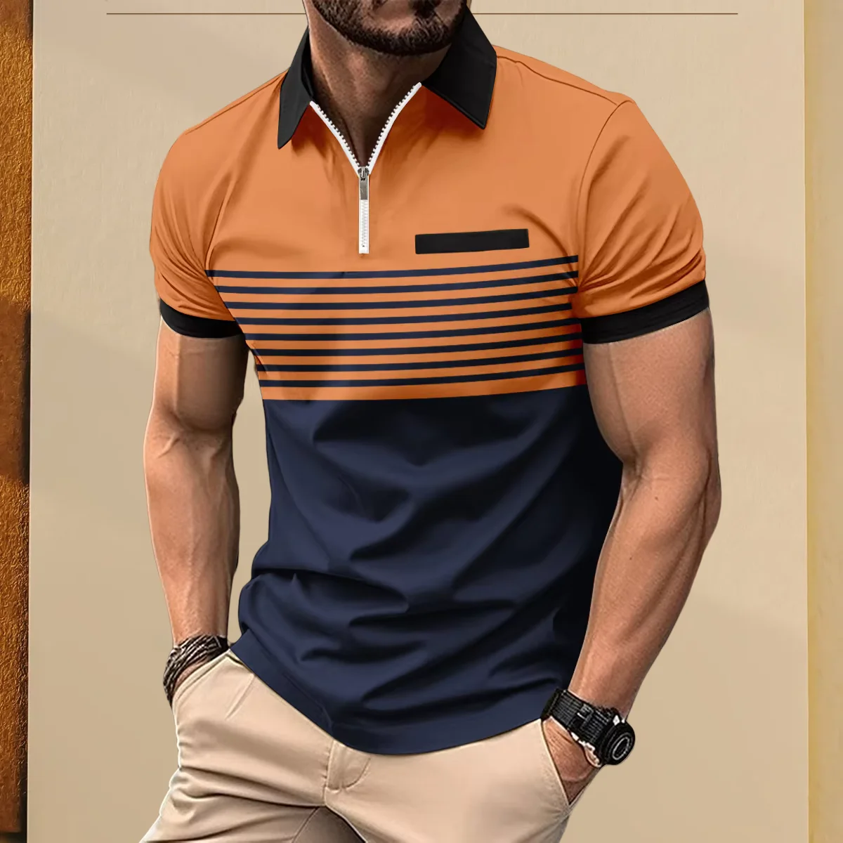 2025 Men's Summer short-sleeved POLO Shirt With Zipper Striped Print, False Pocket Decoration, Casual Business Lapel 8 S5e6d3559e0064d5fbef0b37fef337c6eE