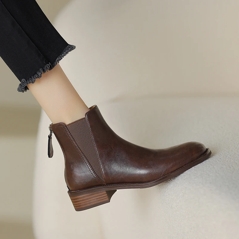 Women's Ankle Boots Retro Style Back Zipper Thick Heels Woman Short Boots Autumn Winter New Ladies Chelsea Boots Med Heels Shoes