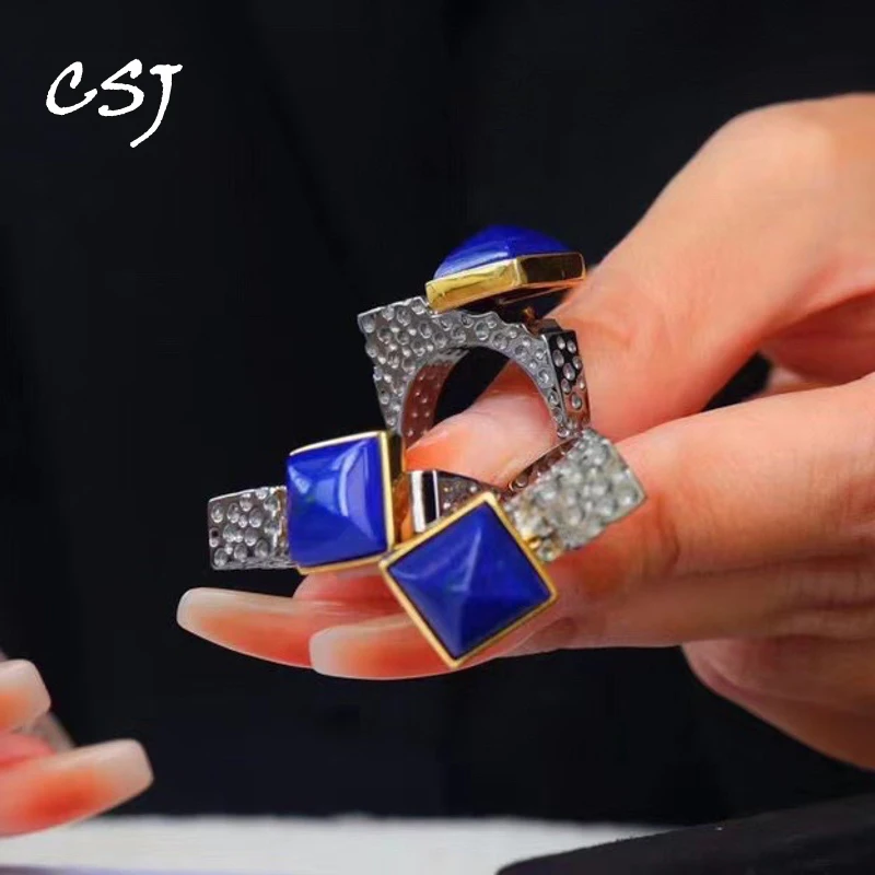 

CSJ Vintage Natural Lapis Rings Sterling 925 Silver for Women Birthday Wedding Party Handmade Jewelry Gift