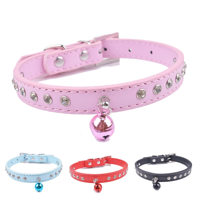 Cute Bell Cat Collar Diamante Rhinestones Rivets Pu Leather Safty