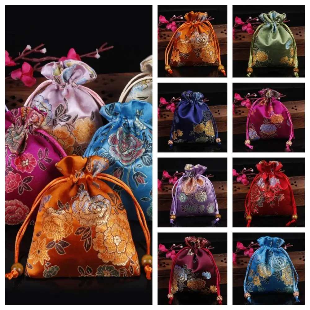 

Сумка на шнурке с цветочной вышивкой, бумажник для мелочи в китайском стиле, холщовая Цветочная Сумочка, вместительная наручная сумка Hanfu