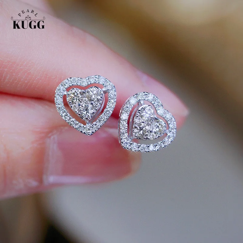 

KUGG 18K White Gold Earrings Romantic Heart Design 0.60carat Real Natural Diamond Stud Earrings for Women High Engagement Party