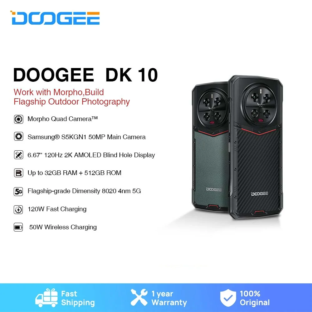 DOOGEE DK 10 6.67" 120Hz 2K AMOLED Display 5G Dimensity 8020 Morpho® Quad Camera 50MP Rugged Phone 120W 32 GB+512 GB