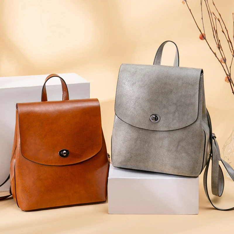 High Quality Genuine Leather Backpack For Girls Daypack Female Fashion Knapsack Vintage Casual Women Oil Wax Cowhide Rucksack 2