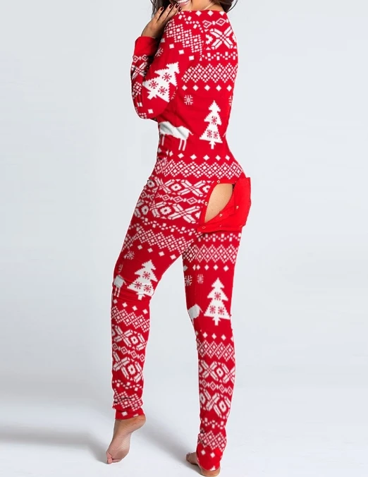 Jumpsuit Women 2023 Autumn/Winter New Fashion Casual Button Flap Adult Pajamas Printed Christmas Long Sleeve Home Suit Jumpsuit