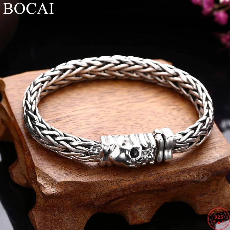 

Мужские браслеты BOCAI из стерлингового серебра S925 пробы, новая модная плетка с имитацией черепа, ручная цепочка, браслет, ювелирные изделия, бесплатная доставка