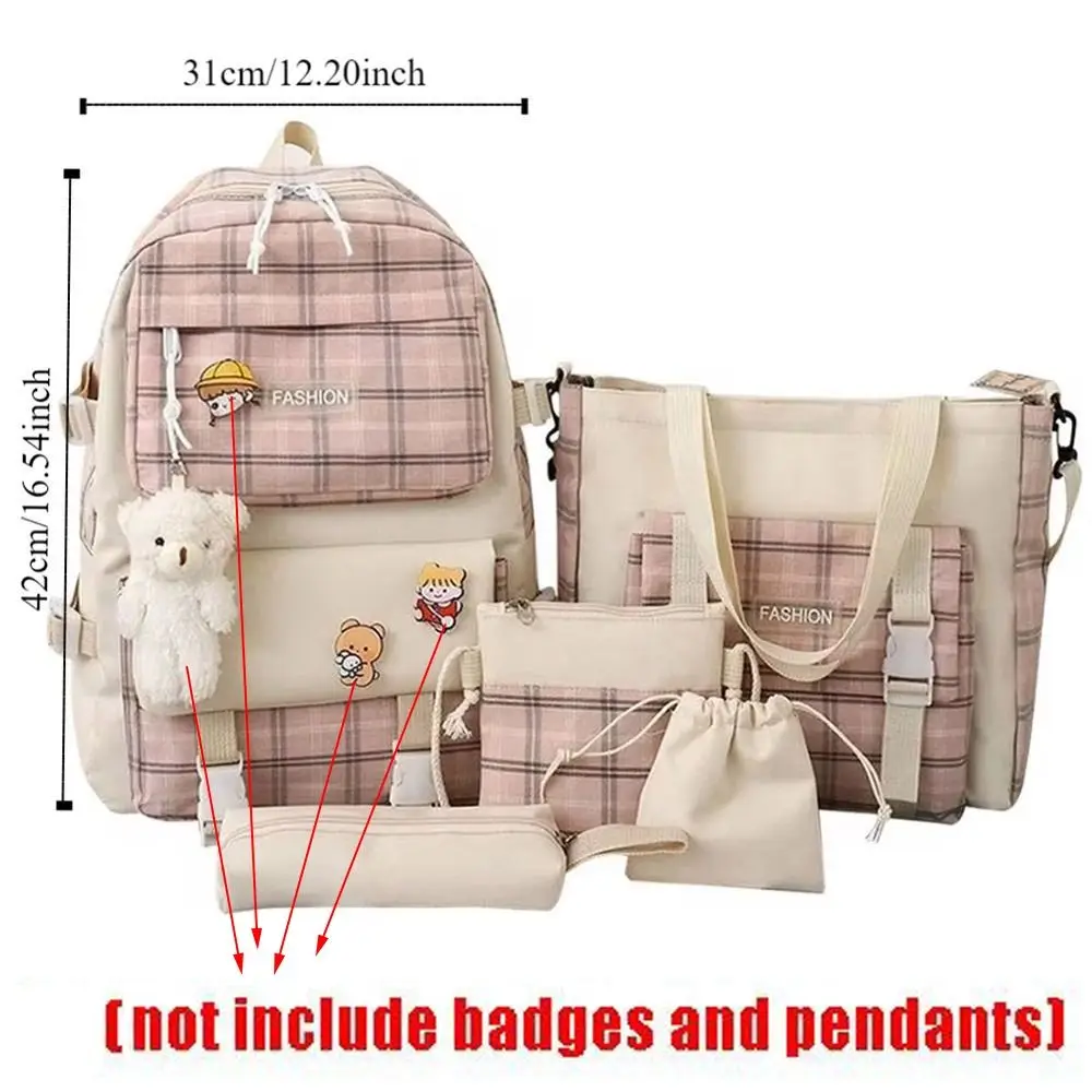 Backpack Japanese Cute Plaid Primary School Schoolbag Women's Korean Version Trend Backpack Five Piece Set Backpack 6