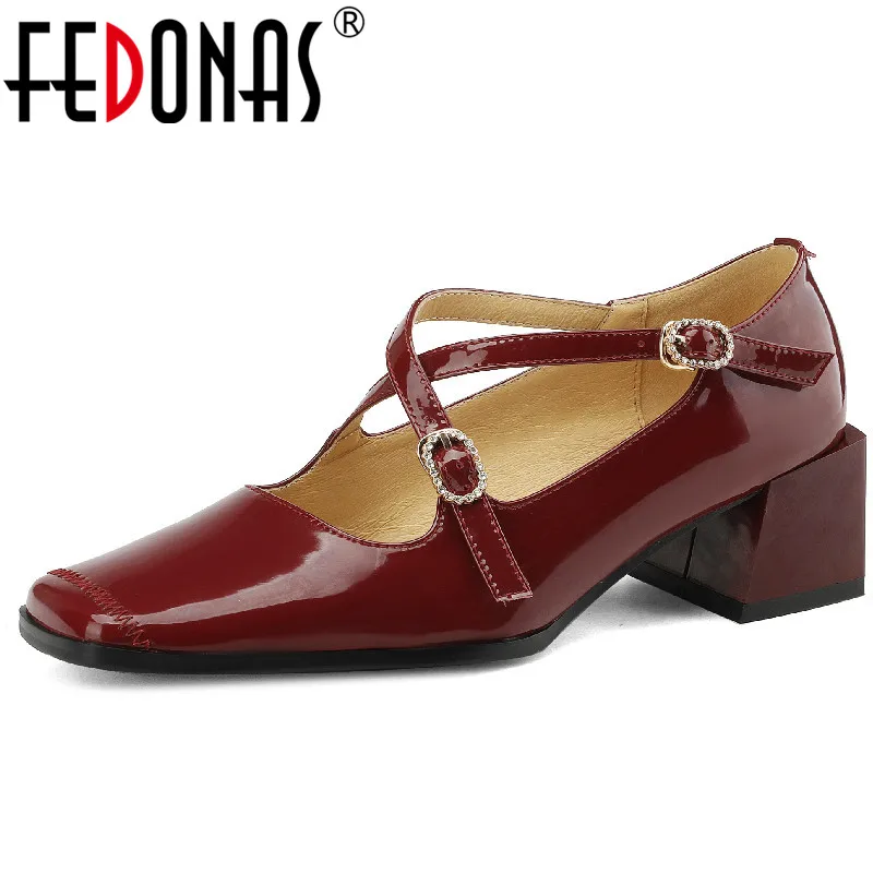 

FEDONAS Elegant Vintage Women Pumps Spring Summer Party Wedding Genuine Leather Thick Heels Square Toe Mary Janes Shoes Woman