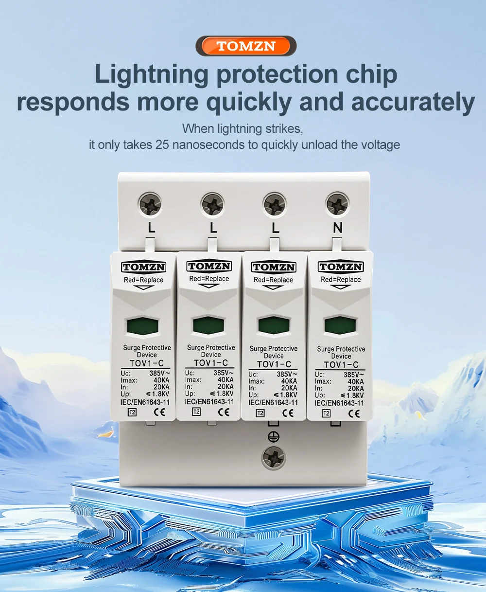 AC SPD 4P 3P+N 10-20KA 20-40KA 30-60KA 275V 385V House Surge Protector Protectiv