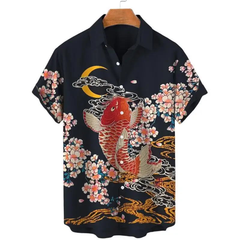Camisas hawaianas para hombre, camiseta informal con estampado 3D de peces, camiseta de verano de gran tamaño con estampado de dibujos animados, elegante camisa de playa para vacaciones