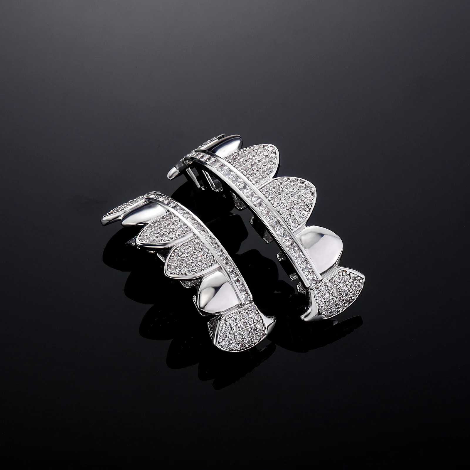 RACHELZ Hip Hop 6/6 Glossy Iced Out CZ Stone Teeth Grillz Fangs Micro-Paved Zircon Tooth Caps For Women Men Jewelry Gift