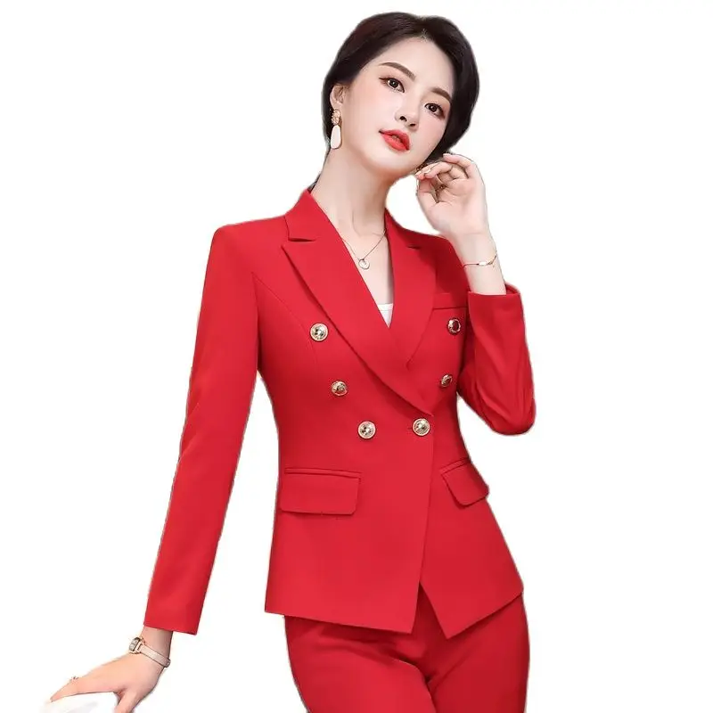 Fashion Red Women Formal Uniform Designs Pantsuits Autumn Winter Professional OL Styles Ladies Business Blazers Set Elegant Red