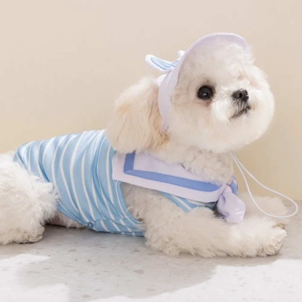 패션 네이비 칼라 강아지 스트라이프 티셔츠와 모자, 대학 스타일 강아지 반바지, 민소매 통기성 애완견 커플룩 파티복