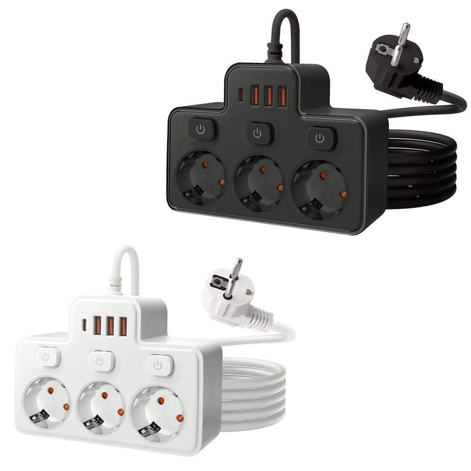 EU Plug AC Power Strip 1.8m Extension Cord Multitap Socket Independent Switch European Standard Outlet With USB C Ports Charging
