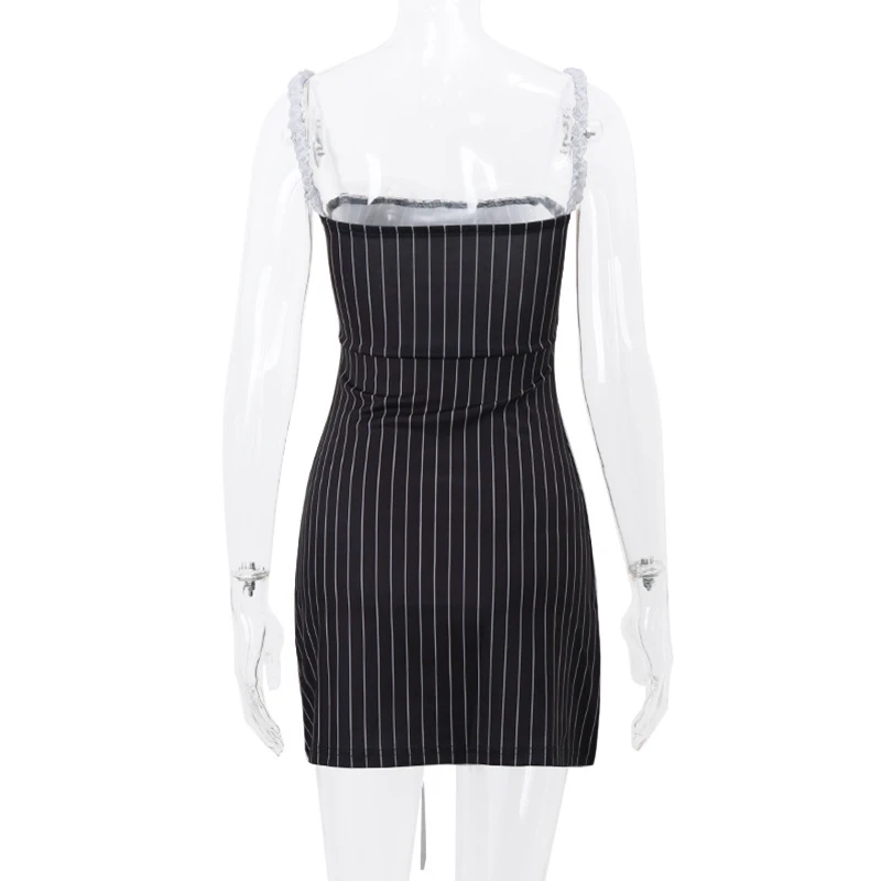 y2k Dress 2000s Women Striped Lace Stitching Off Shoulder Sleeveless Bodycon Short Dress with Bow Decor Party Dresses