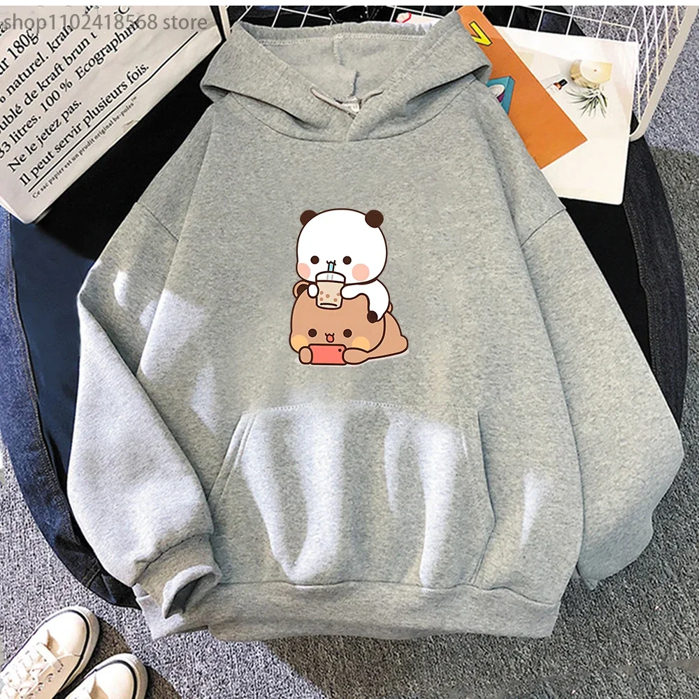 Bubu Is Watching Dudu While He Playing Games Hoodie Cute Panda Bear Cartoon Sweatshirts Women Funny Print Pullover Pocket Kawaii