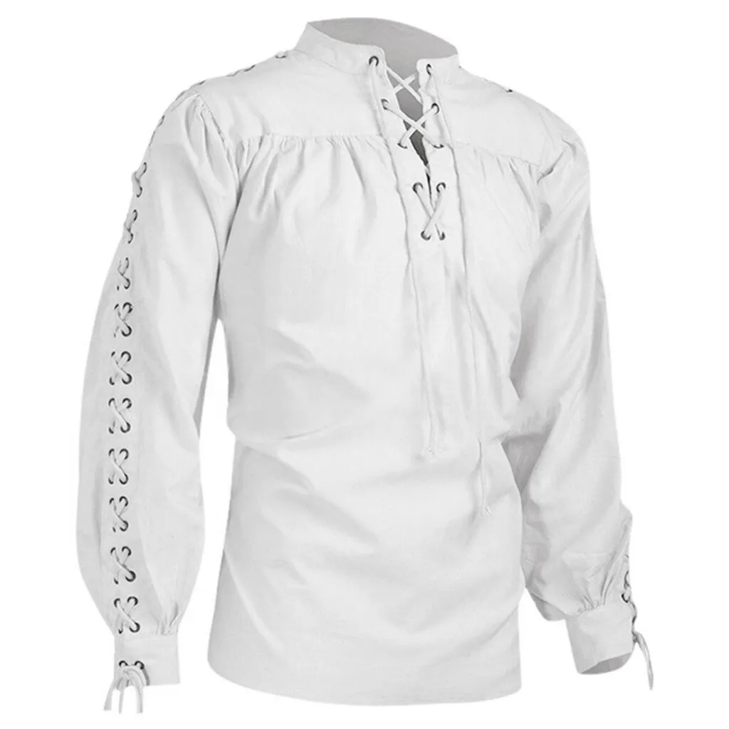 

White Bandage Blouse Mens Gothic Medieval Male Shirts High Quality Long Sleeve Lace Up Pullovers Solid Color Vantage Blusas