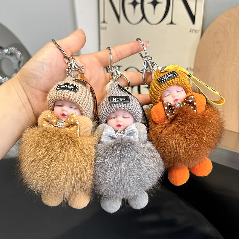 Cute Sleep Baby Pompom Keychain Real Fox Fur Pendant for Women Bag Car KeyRing Accessories Girl Gift Plush Doll Couple Key Chain