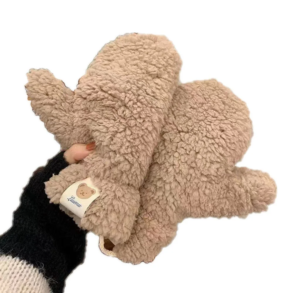 Women Winter Wool Fleece Cute Bear Label Gloves Girls Halter Neck Students Outdoor sport Riding Thickened Keep Warm Mittens bowknot winter bow gloves cute touch screen five finger plush driving gloves velvet windproof outdoor riding mittens autumn