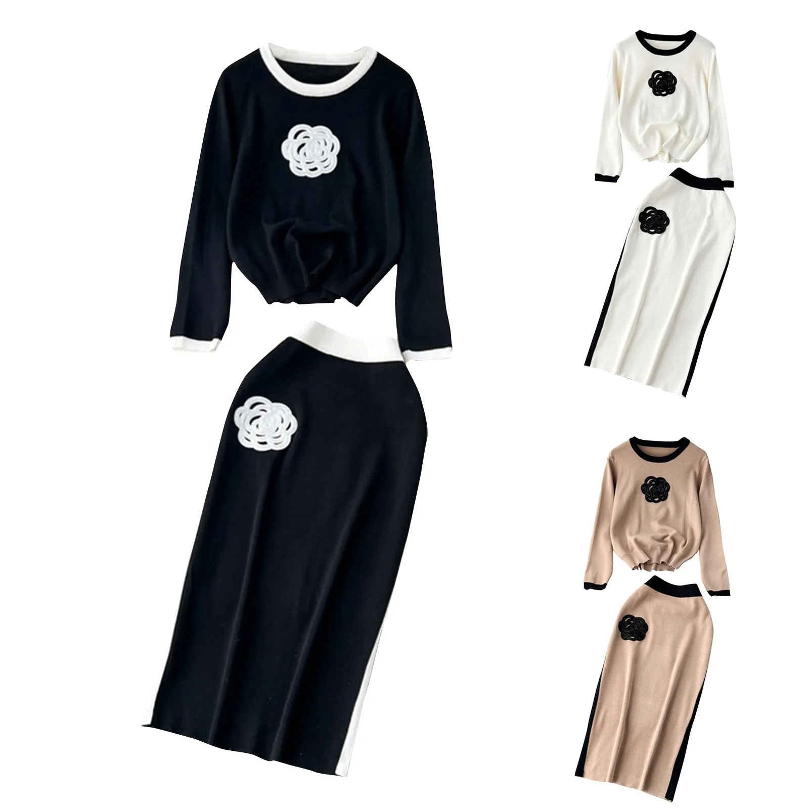 

Women's Round Neck Loose Long Sleeved Sweater High Waisted Mid Length Skirt Knitted Two-Piece Set Slim Fit Midi Dresses
