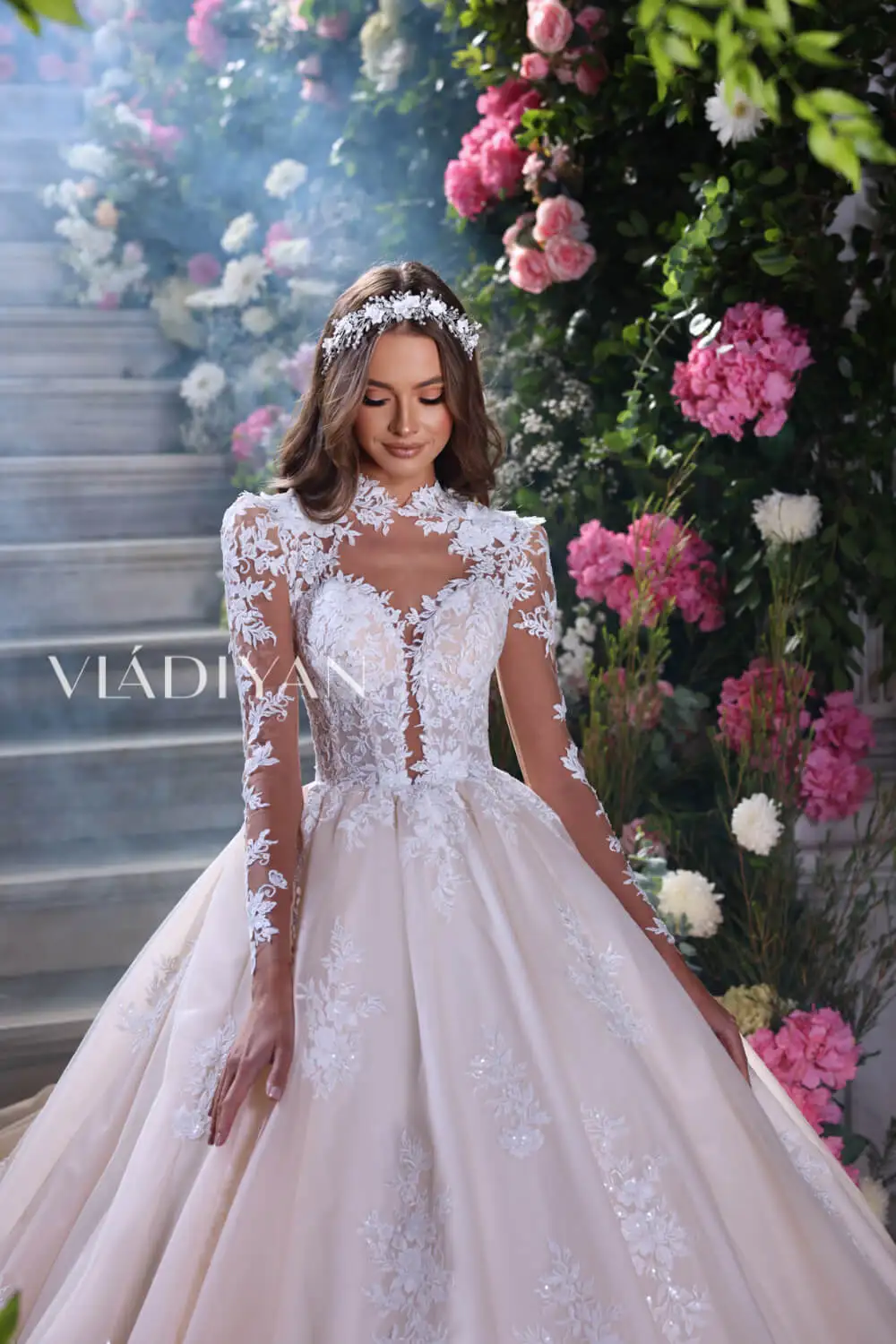 Pink Tulle Lace-Up Back Ball Gown with 3D Floral Lace – Modsele