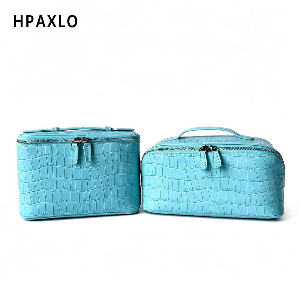 Top Grain Leather Crocodile Print Makeup Pouch Blue Wash Bag Woman Gifts Cosmetic Case Toiletry Holder Makeup Organizer Travel 4