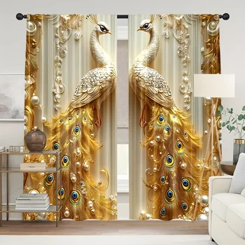 2 pezzi di tende stampate con pavone dorato, tende con busta 30*65, camera da letto e soggiorno, decorazione della stanza, decorazione della casa 1